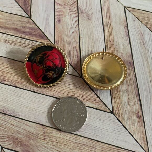 Enamel Stud Earrings, Red, Black & Gold, Oversized Stud Earrings - Picture 6 of 7
